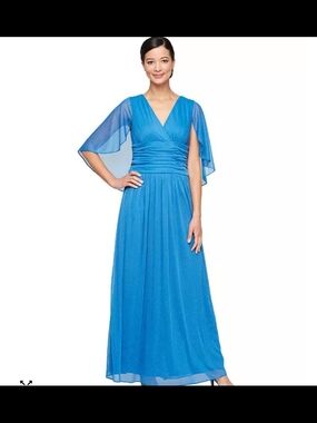 SLNY Bright Blue V-Neck Chiffon Maxi with Draped Waist